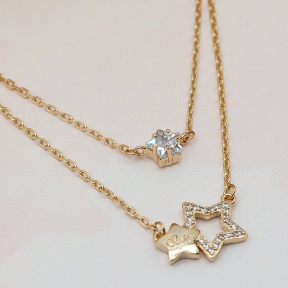 "Double-Layered Rose Gold Necklace with Sparkling Star Charms, XPNL0152 - Picture 7 of 14